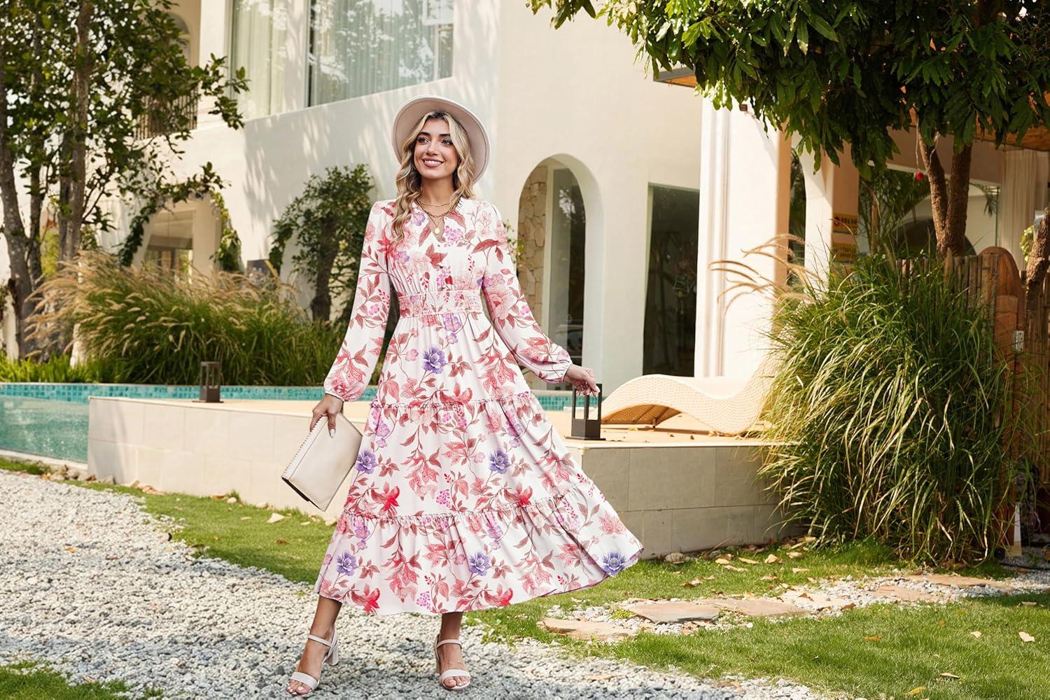 imageWomen Long Sleeve Midi Dress Boho Floral Casual Flowy A Line Dresses Spring Elegant Classy Dress with PocketApricot