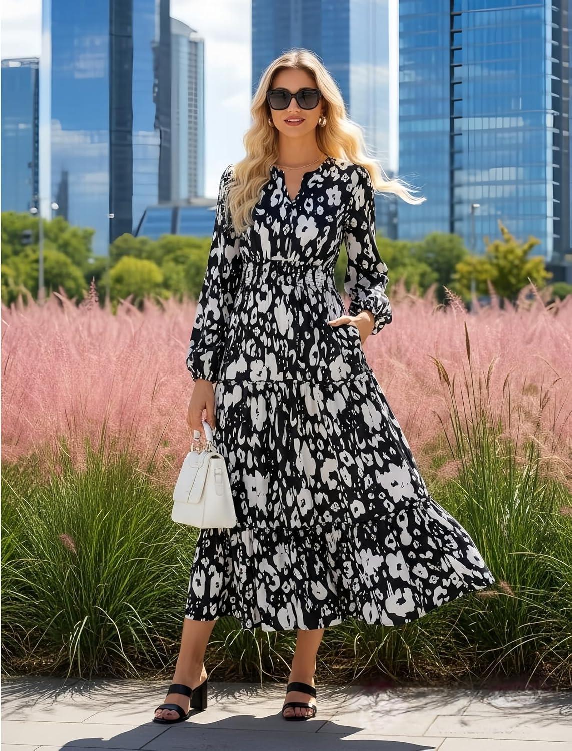 imageWomen Long Sleeve Midi Dress Boho Floral Casual Flowy A Line Dresses Spring Elegant Classy Dress with PocketBlack