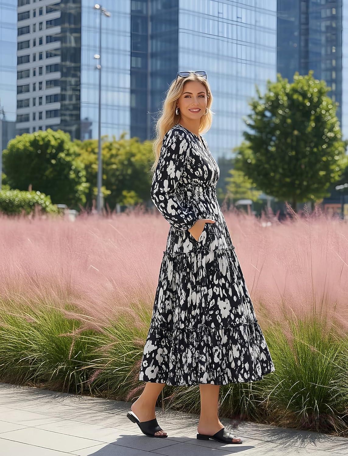 imageWomen Long Sleeve Midi Dress Boho Floral Casual Flowy A Line Dresses Spring Elegant Classy Dress with PocketBlack