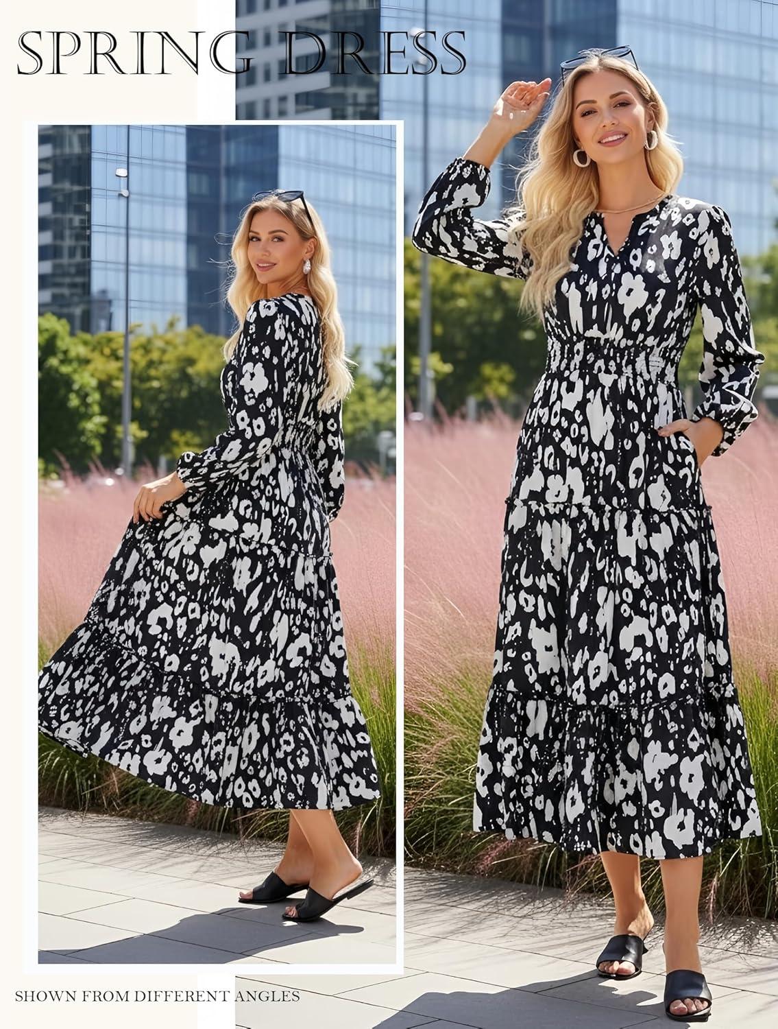imageWomen Long Sleeve Midi Dress Boho Floral Casual Flowy A Line Dresses Spring Elegant Classy Dress with PocketBlack