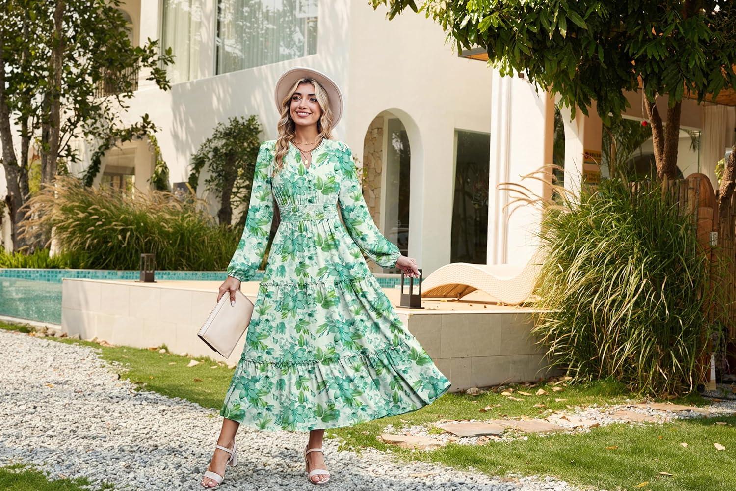 imageWomen Long Sleeve Midi Dress Boho Floral Casual Flowy A Line Dresses Spring Elegant Classy Dress with PocketGreen