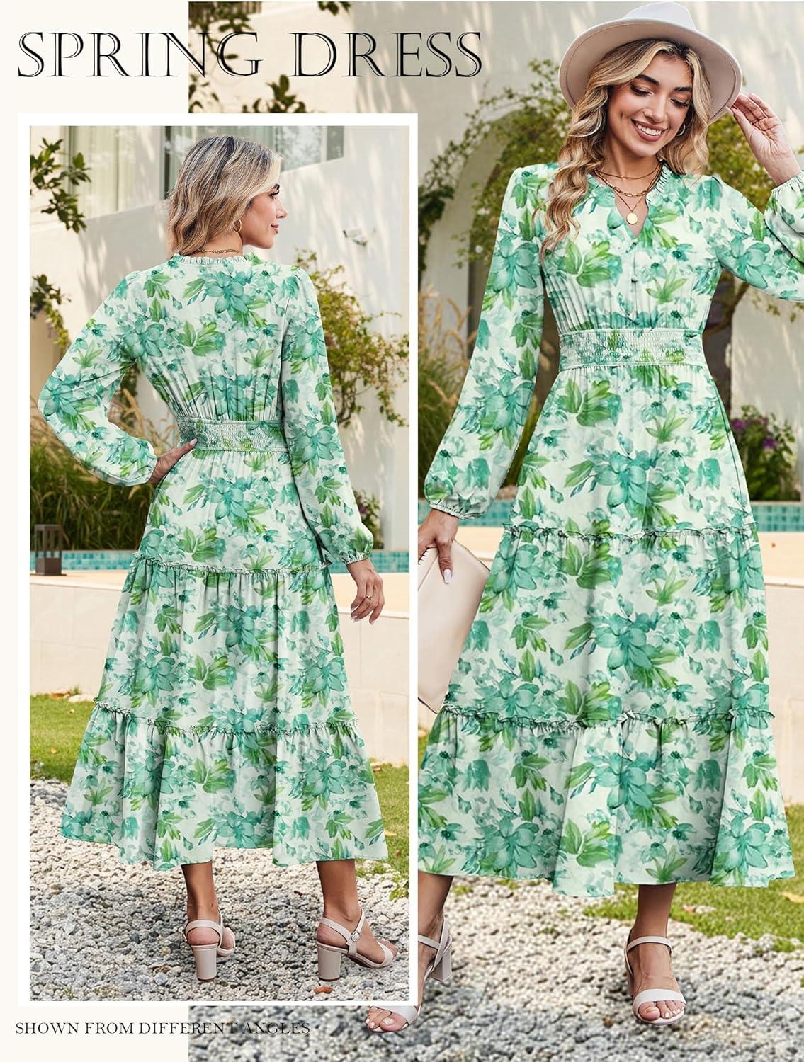 imageWomen Long Sleeve Midi Dress Boho Floral Casual Flowy A Line Dresses Spring Elegant Classy Dress with PocketGreen