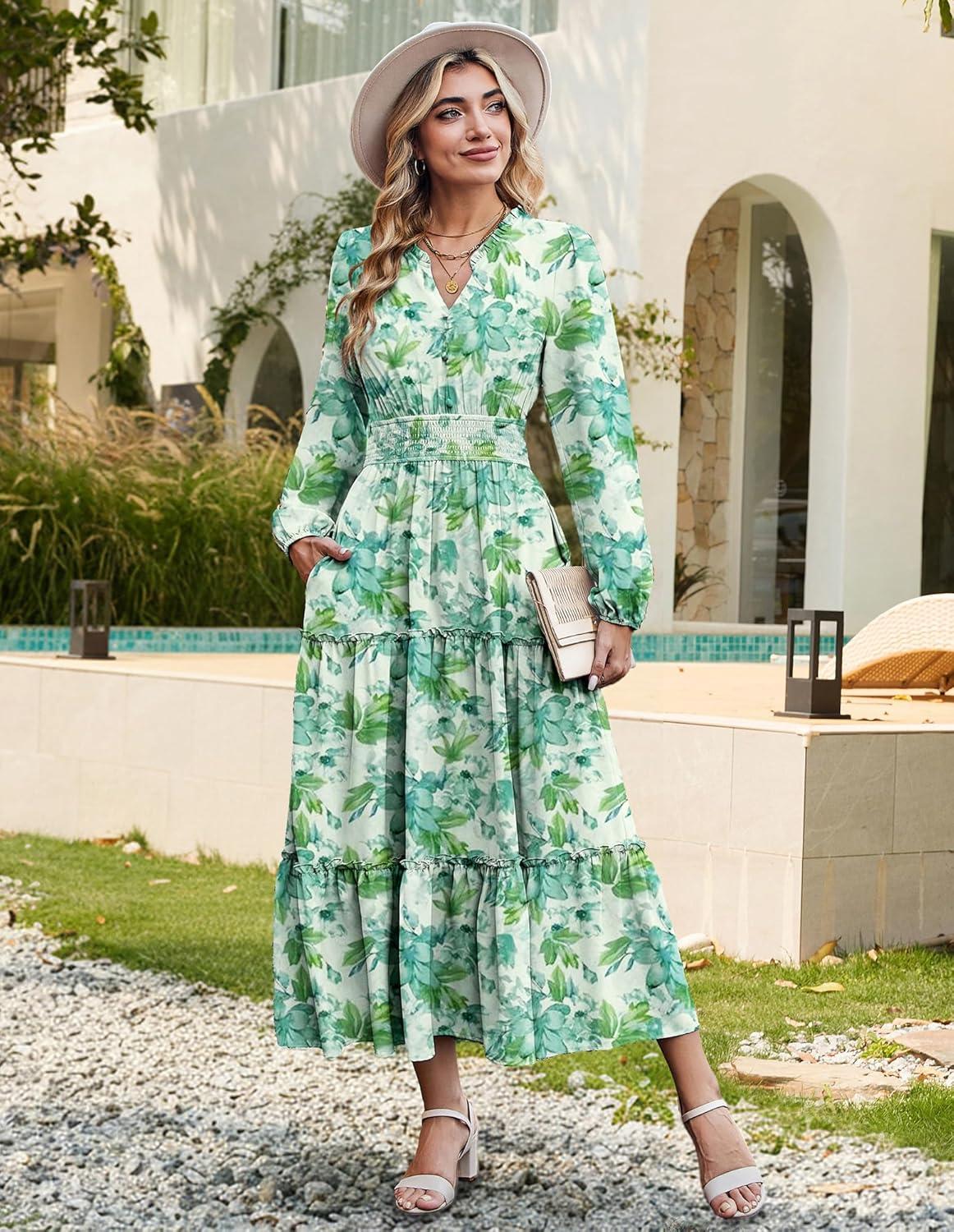 imageWomen Long Sleeve Midi Dress Boho Floral Casual Flowy A Line Dresses Spring Elegant Classy Dress with PocketGreen