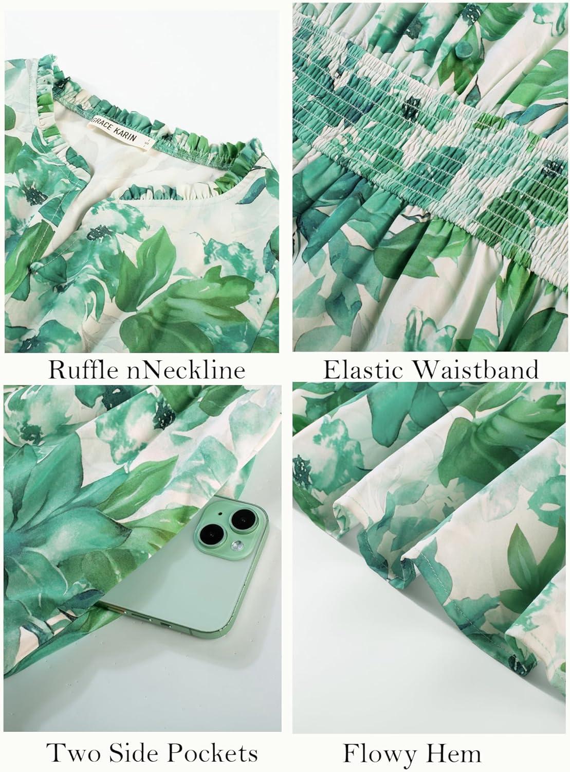 imageWomen Long Sleeve Midi Dress Boho Floral Casual Flowy A Line Dresses Spring Elegant Classy Dress with PocketGreen