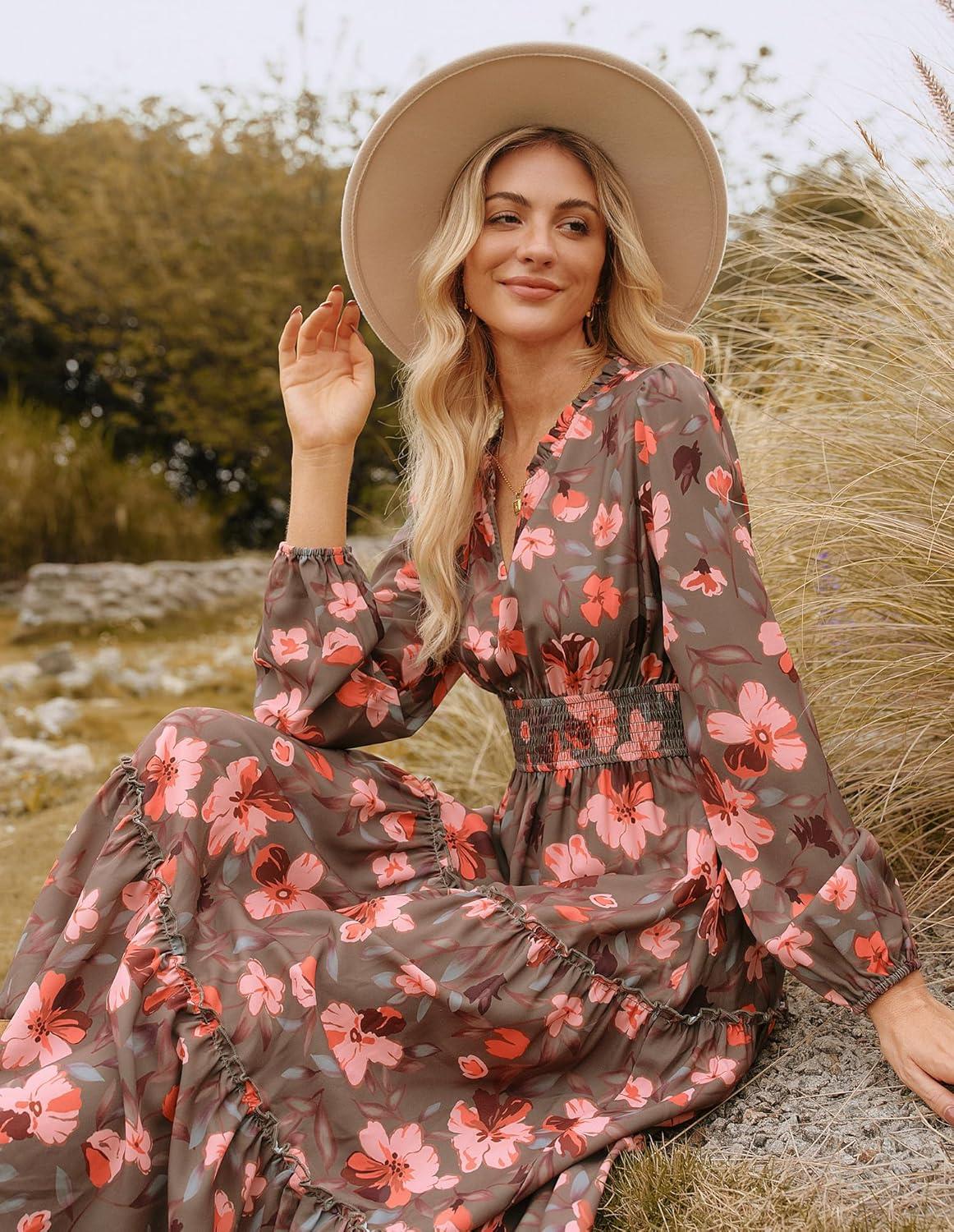 imageWomen Long Sleeve Midi Dress Boho Floral Casual Flowy A Line Dresses Spring Elegant Classy Dress with PocketGreen Orange