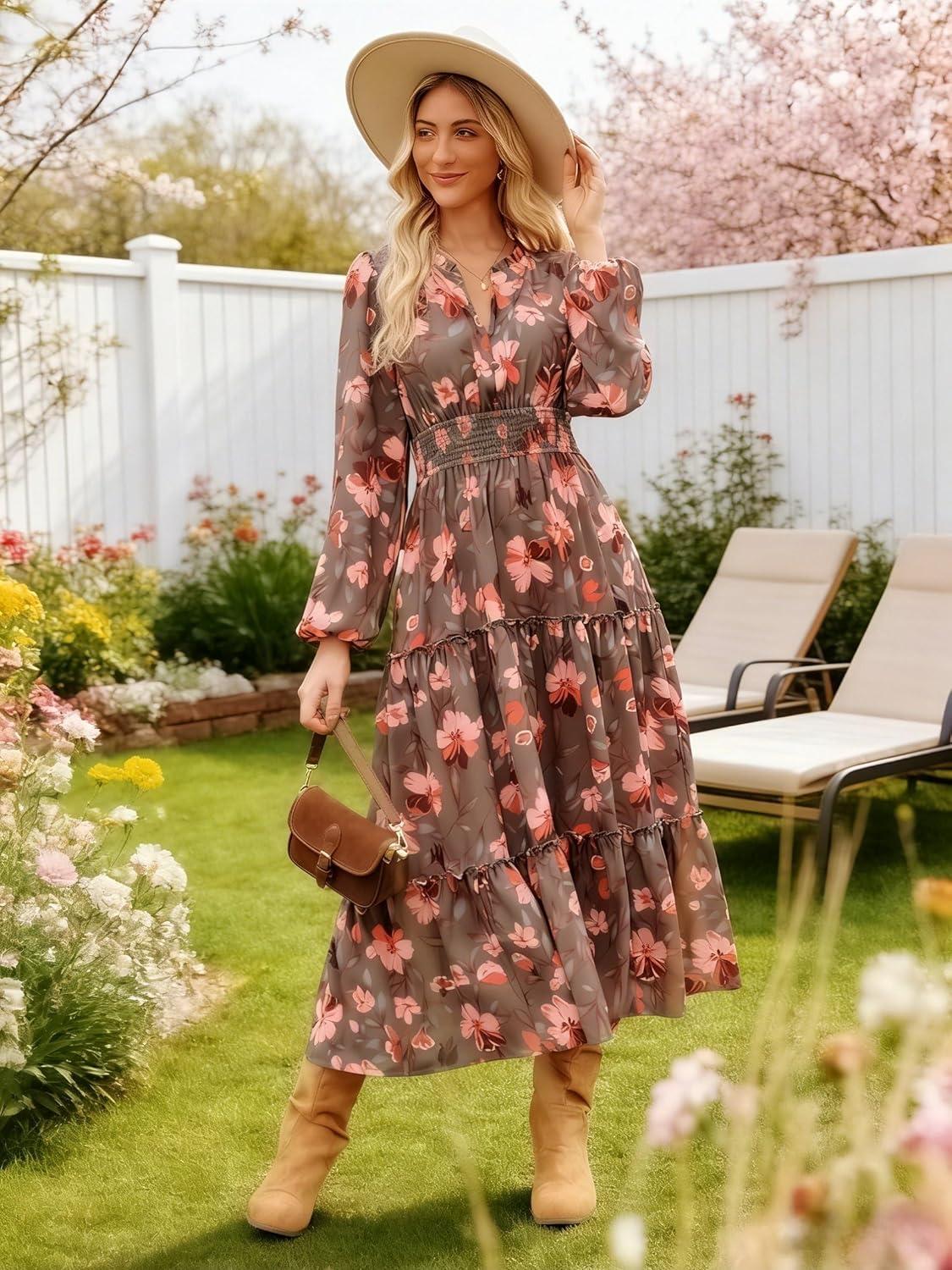imageWomen Long Sleeve Midi Dress Boho Floral Casual Flowy A Line Dresses Spring Elegant Classy Dress with PocketGreen Orange