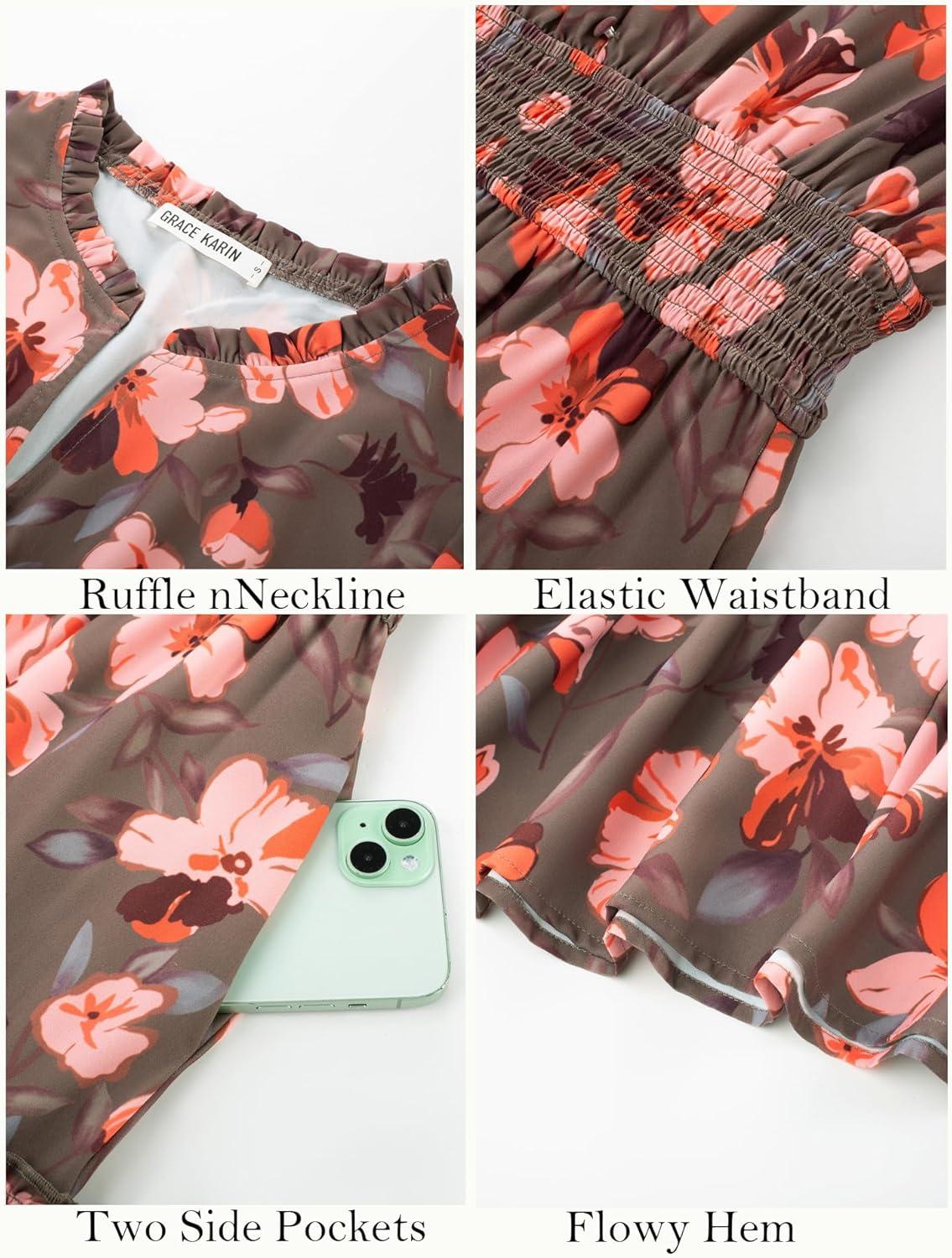 imageWomen Long Sleeve Midi Dress Boho Floral Casual Flowy A Line Dresses Spring Elegant Classy Dress with PocketGreen Orange