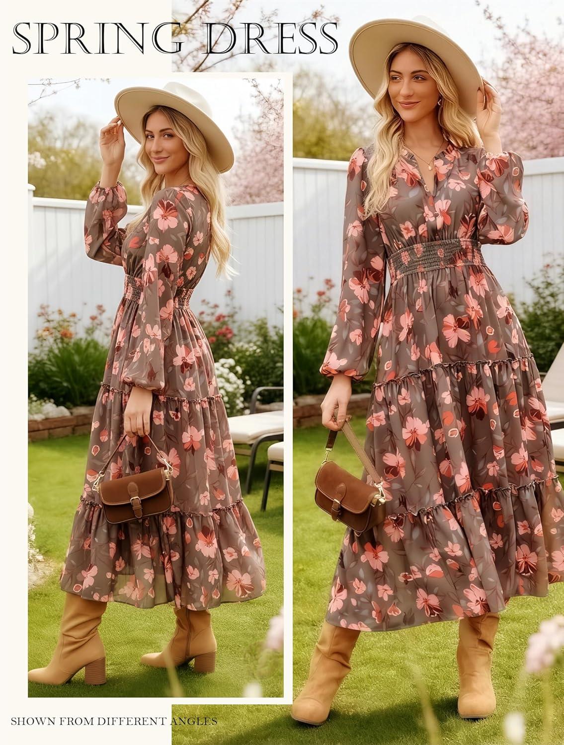 imageWomen Long Sleeve Midi Dress Boho Floral Casual Flowy A Line Dresses Spring Elegant Classy Dress with PocketGreen Orange