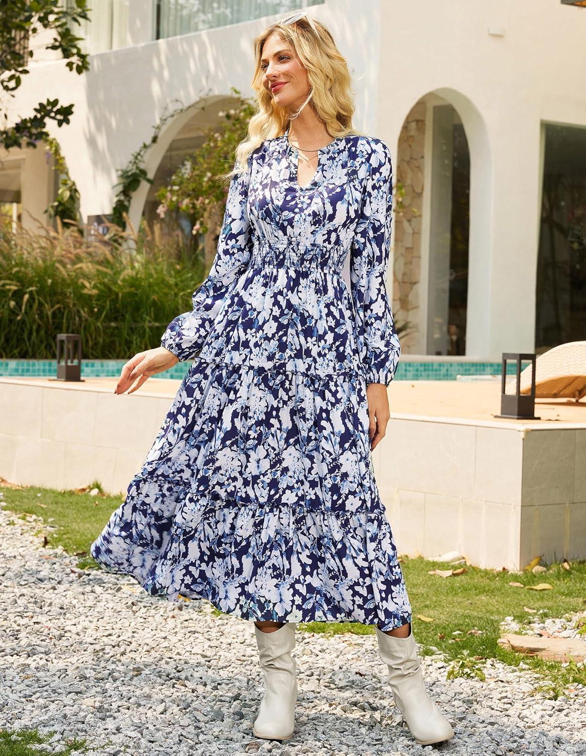 imageWomen Long Sleeve Midi Dress Boho Floral Casual Flowy A Line Dresses Spring Elegant Classy Dress with PocketNavy
