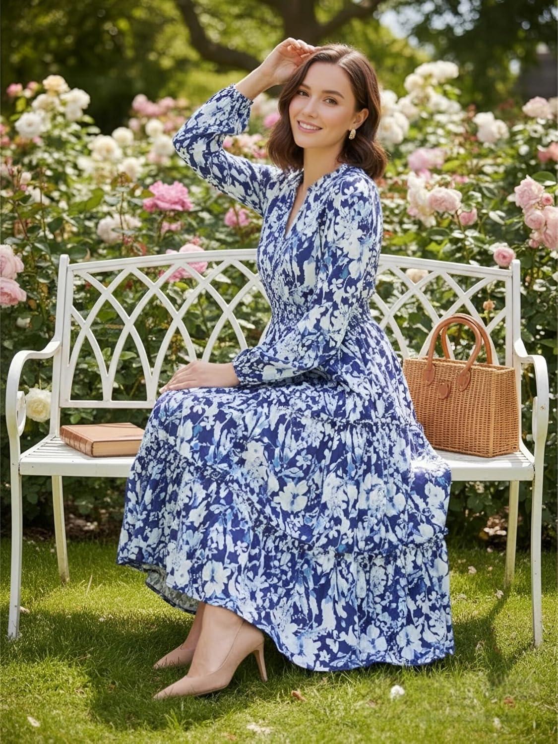 imageWomen Long Sleeve Midi Dress Boho Floral Casual Flowy A Line Dresses Spring Elegant Classy Dress with PocketNavy