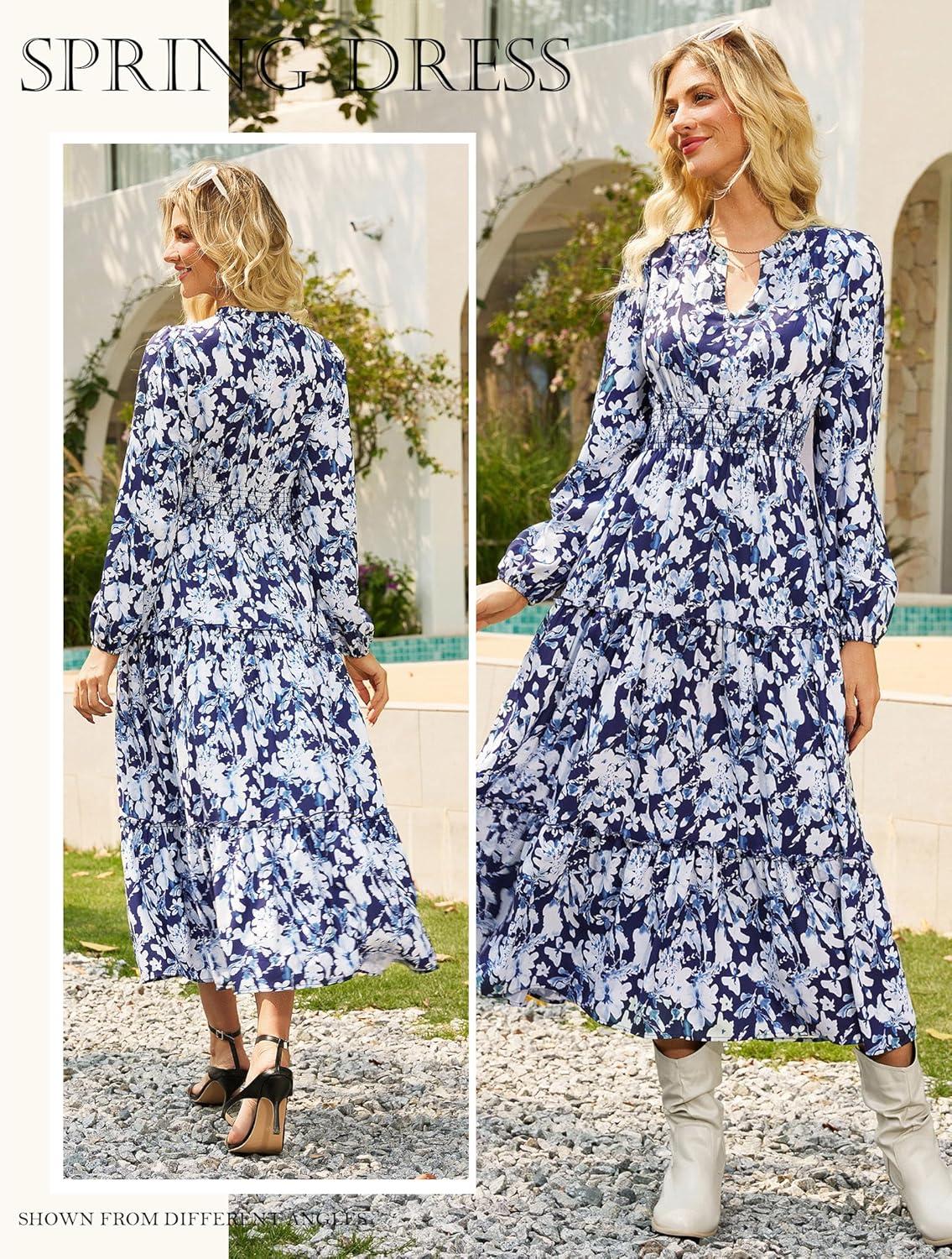 imageWomen Long Sleeve Midi Dress Boho Floral Casual Flowy A Line Dresses Spring Elegant Classy Dress with PocketNavy