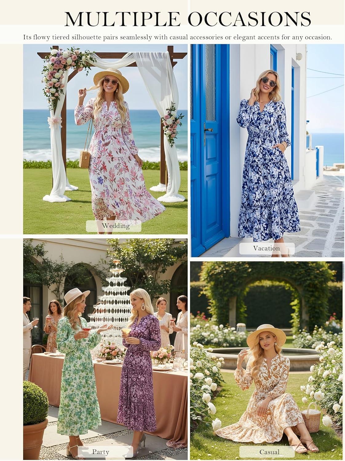 imageWomen Long Sleeve Midi Dress Boho Floral Casual Flowy A Line Dresses Spring Elegant Classy Dress with PocketPurple