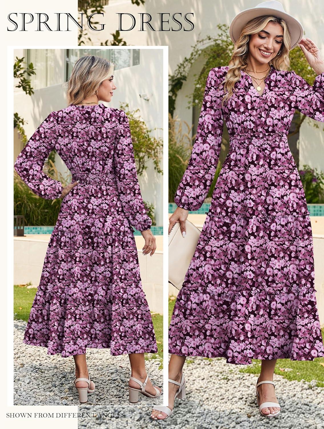 imageWomen Long Sleeve Midi Dress Boho Floral Casual Flowy A Line Dresses Spring Elegant Classy Dress with PocketPurple