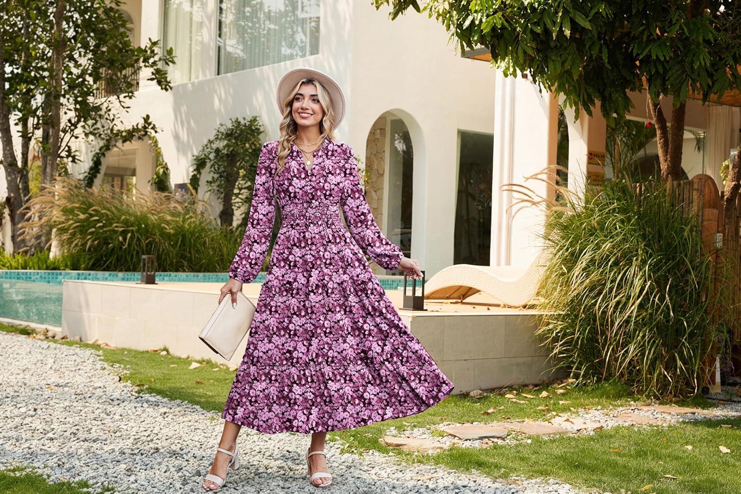 imageWomen Long Sleeve Midi Dress Boho Floral Casual Flowy A Line Dresses Spring Elegant Classy Dress with PocketPurple