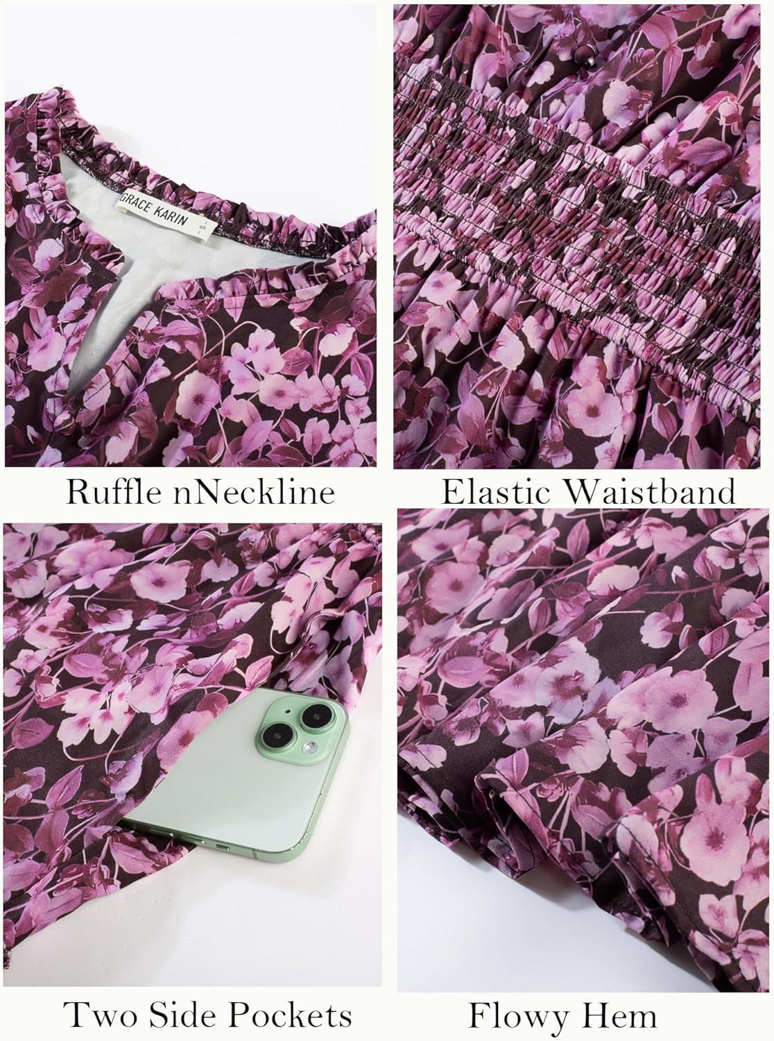 imageWomen Long Sleeve Midi Dress Boho Floral Casual Flowy A Line Dresses Spring Elegant Classy Dress with PocketPurple
