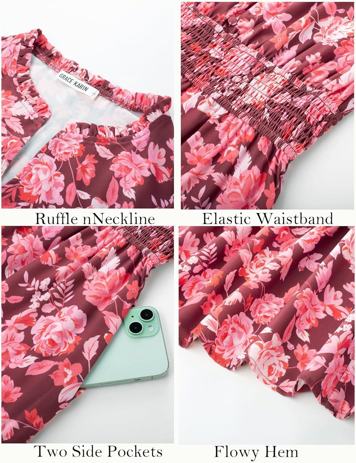 imageWomen Long Sleeve Midi Dress Boho Floral Casual Flowy A Line Dresses Spring Elegant Classy Dress with PocketRed Pink