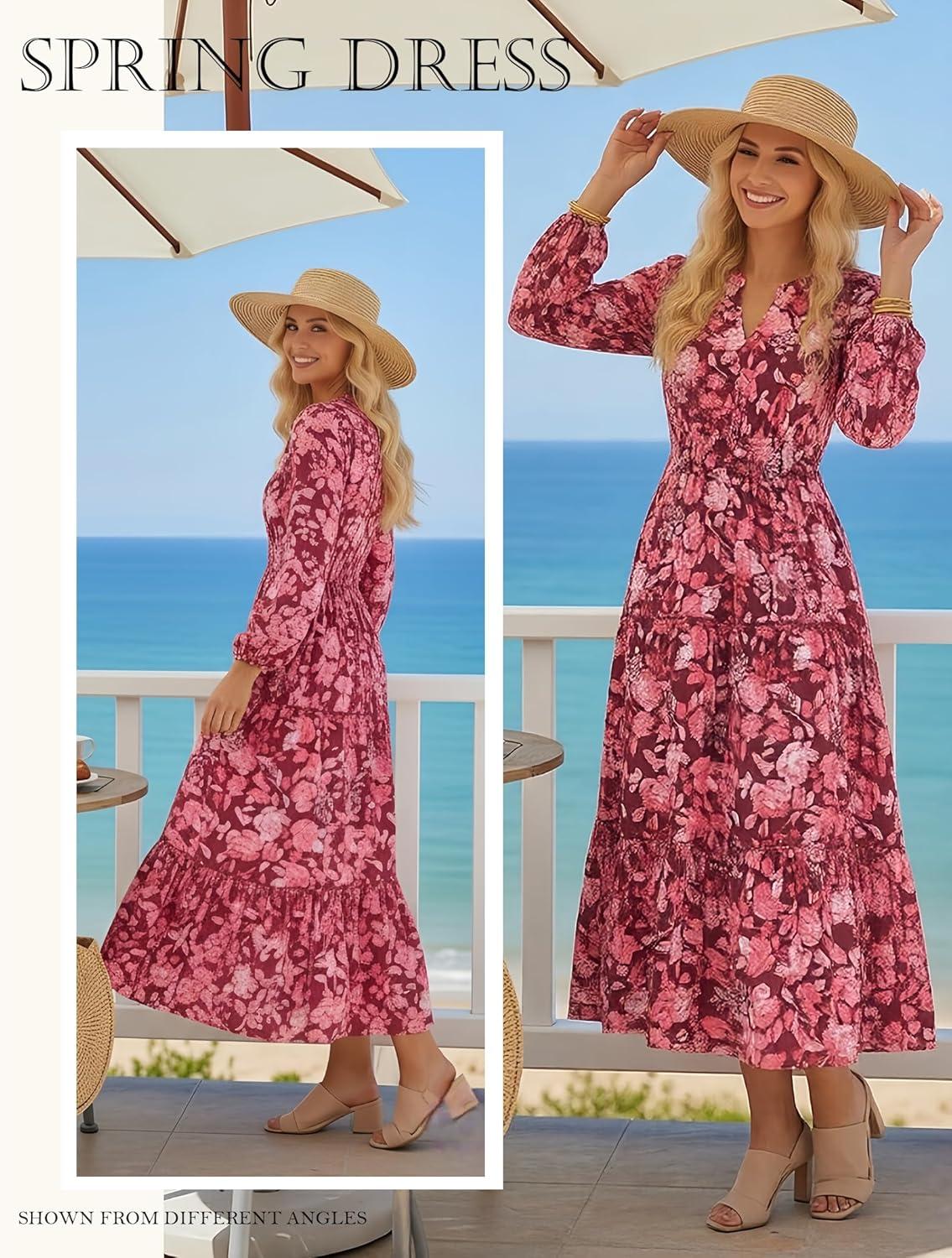 imageWomen Long Sleeve Midi Dress Boho Floral Casual Flowy A Line Dresses Spring Elegant Classy Dress with PocketRed Pink