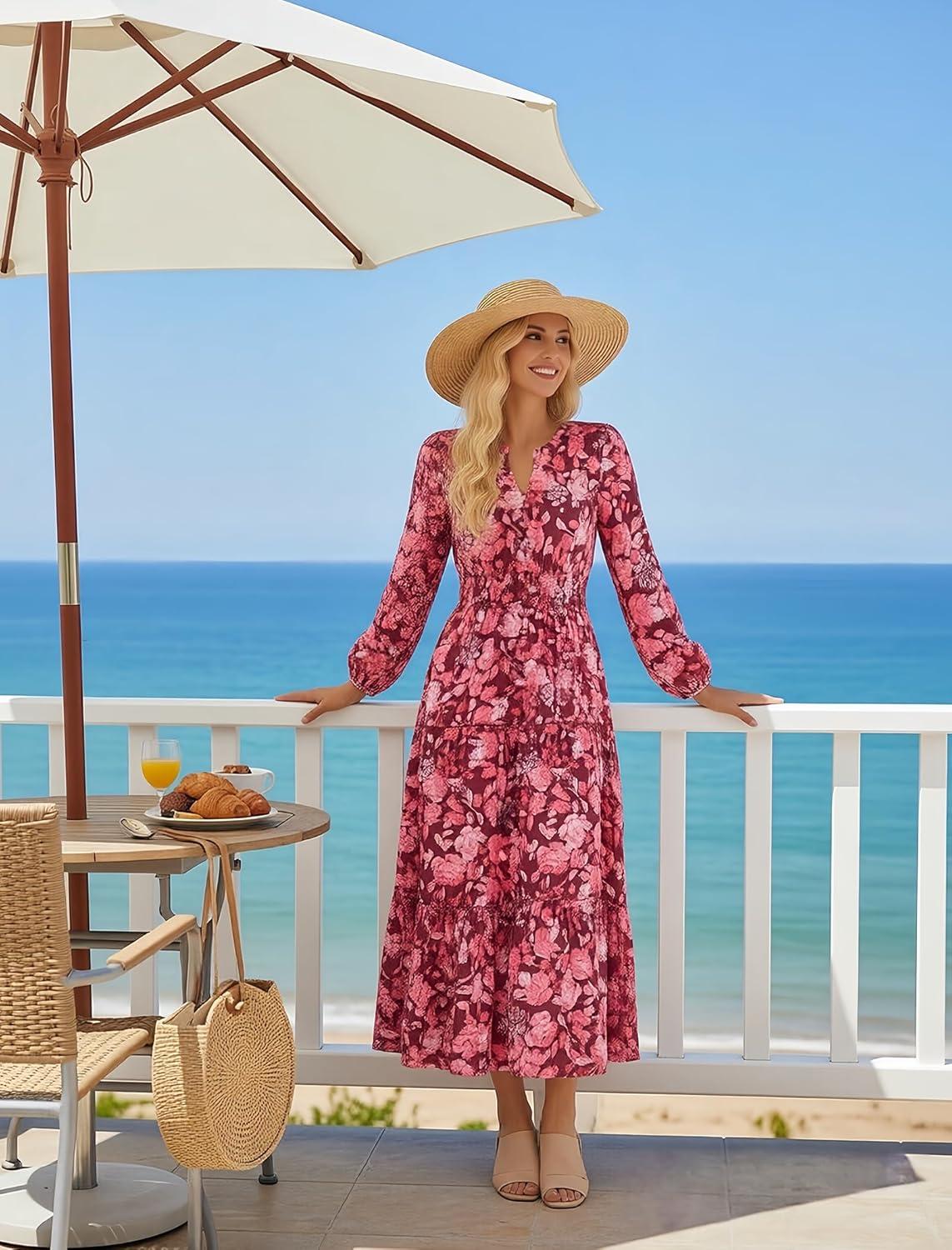 imageWomen Long Sleeve Midi Dress Boho Floral Casual Flowy A Line Dresses Spring Elegant Classy Dress with PocketRed Pink