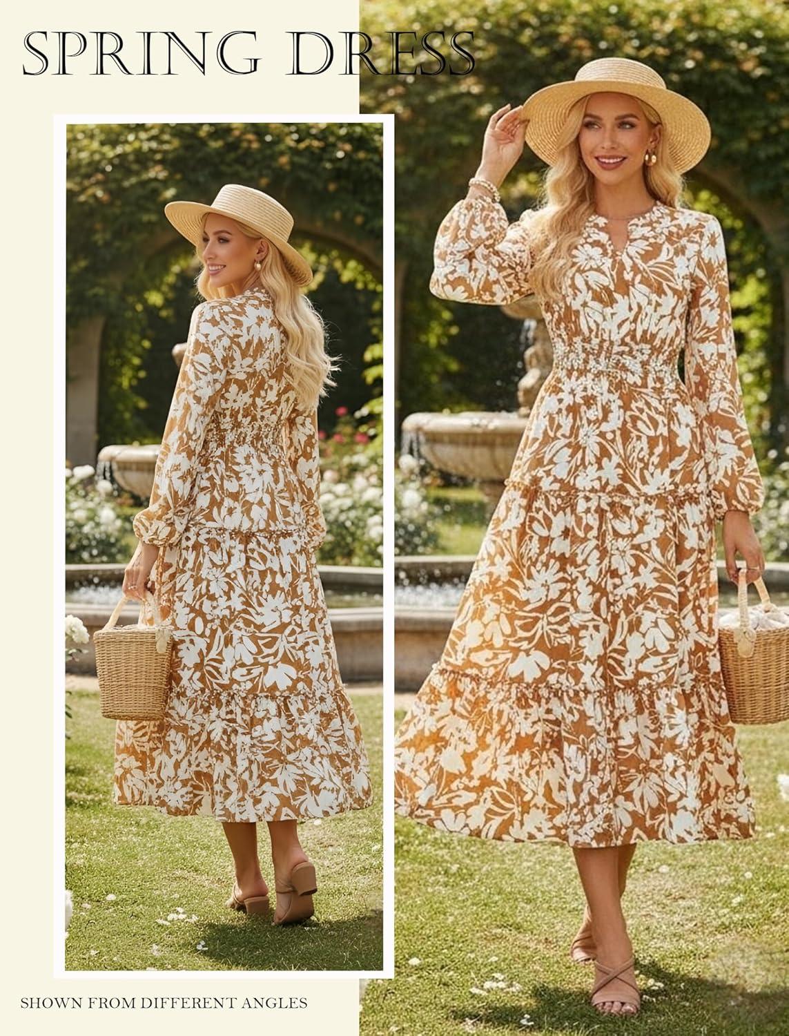 imageWomen Long Sleeve Midi Dress Boho Floral Casual Flowy A Line Dresses Spring Elegant Classy Dress with PocketYellow