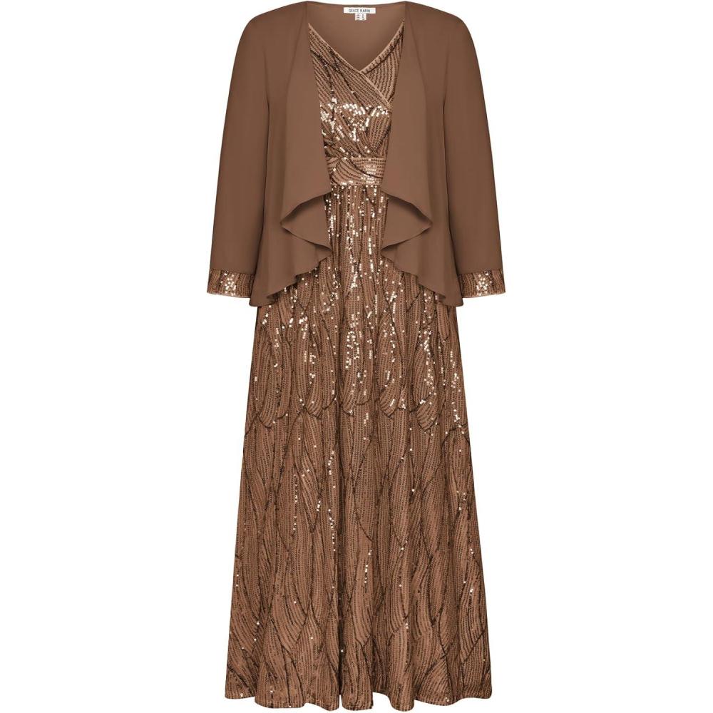 imageGRACE KARIN 2025 Womens Two Piece Sequin Dress with Jacket Mother of The Bride Dresses Homecoming Wedding Guest DressesBrown
