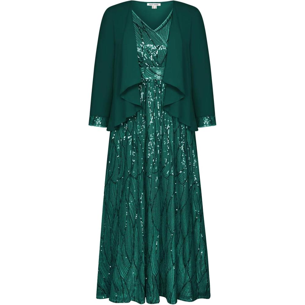 imageGRACE KARIN 2025 Womens Two Piece Sequin Dress with Jacket Mother of The Bride Dresses Homecoming Wedding Guest DressesDark Green