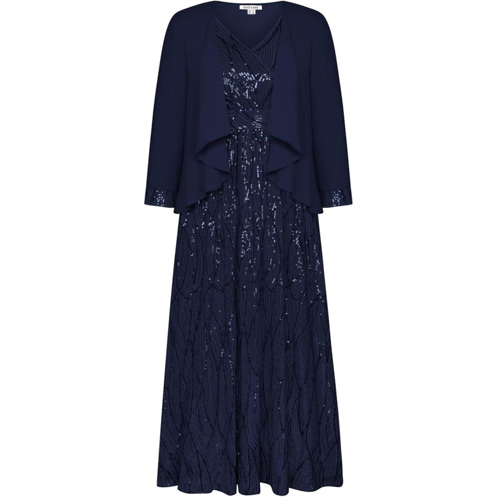 imageGRACE KARIN 2025 Womens Two Piece Sequin Dress with Jacket Mother of The Bride Dresses Homecoming Wedding Guest DressesNavy Blue