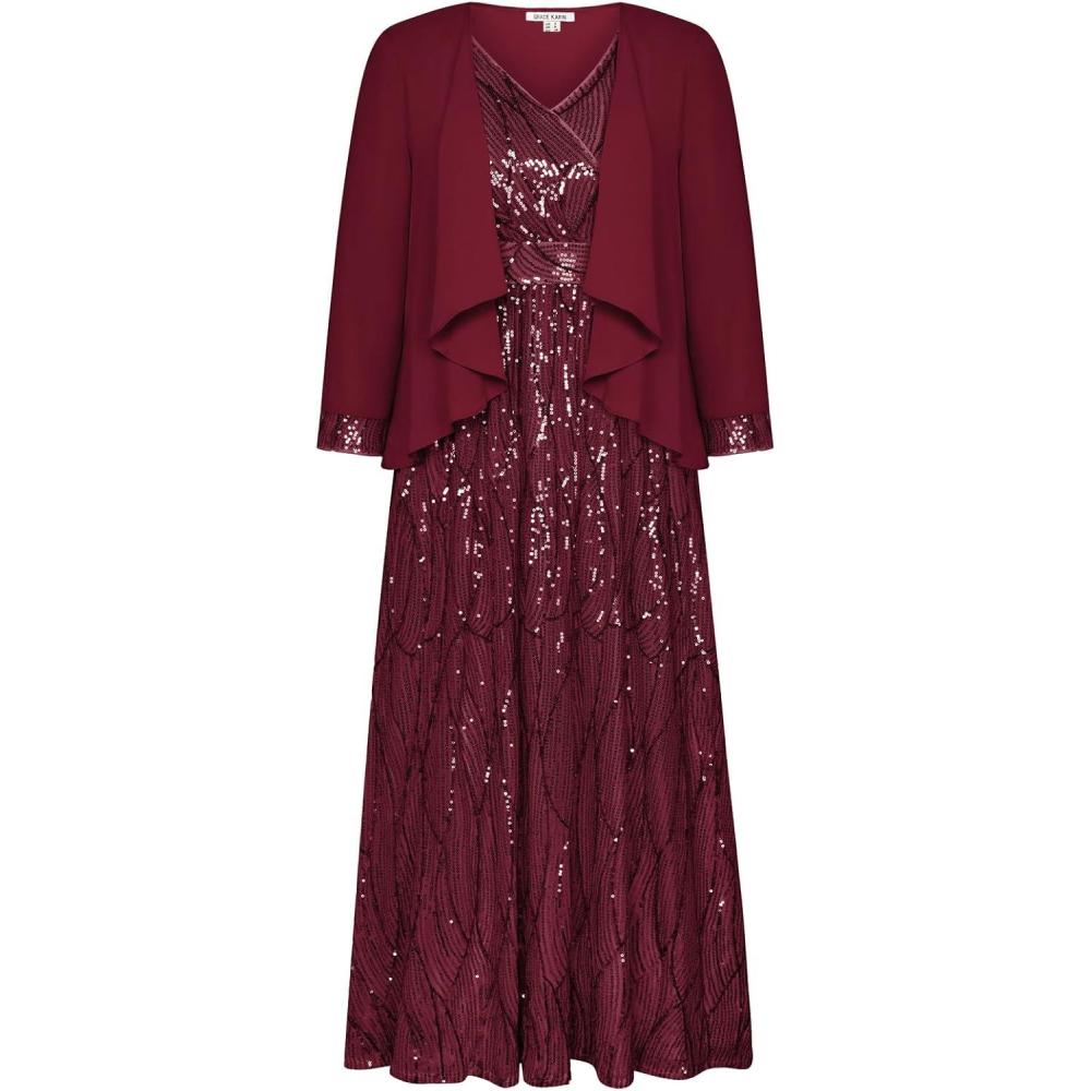 imageGRACE KARIN 2025 Womens Two Piece Sequin Dress with Jacket Mother of The Bride Dresses Homecoming Wedding Guest DressesWine Red
