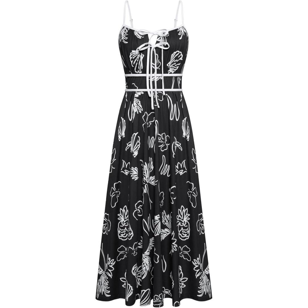 imageGRACE KARIN 2026 Womens Summer Maxi Dresses Tie Front Floral Boho Dress Spaghetti Strap Sundress with PocketsBlack