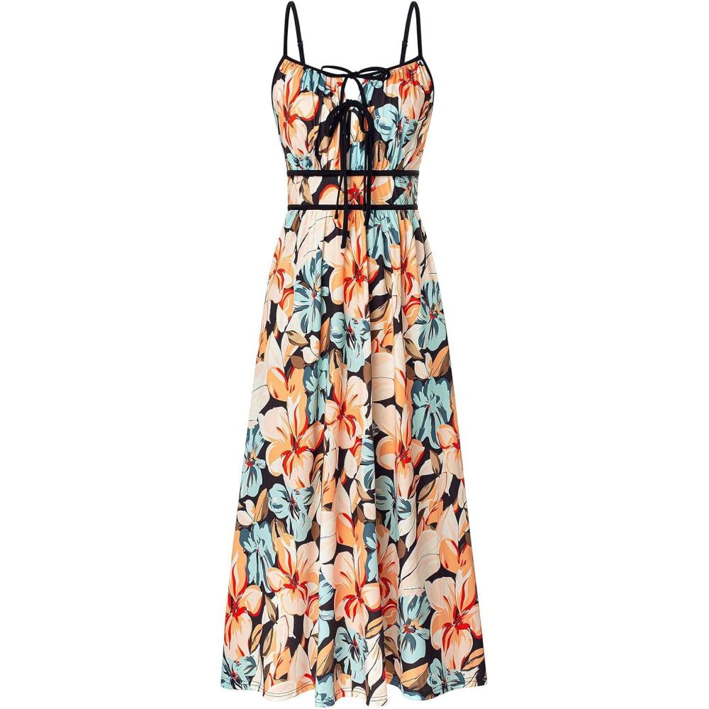 imageGRACE KARIN 2026 Womens Summer Maxi Dresses Tie Front Floral Boho Dress Spaghetti Strap Sundress with PocketsBlack Orange