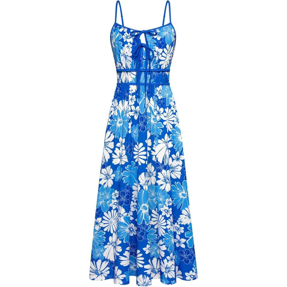 imageGRACE KARIN 2026 Womens Summer Maxi Dresses Tie Front Floral Boho Dress Spaghetti Strap Sundress with PocketsBlue White