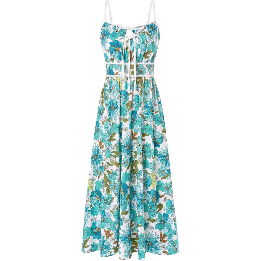 imageGRACE KARIN 2026 Womens Summer Maxi Dresses Tie Front Floral Boho Dress Spaghetti Strap Sundress with PocketsGreen
