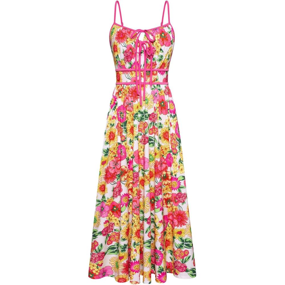 imageGRACE KARIN 2026 Womens Summer Maxi Dresses Tie Front Floral Boho Dress Spaghetti Strap Sundress with PocketsPink Yellow