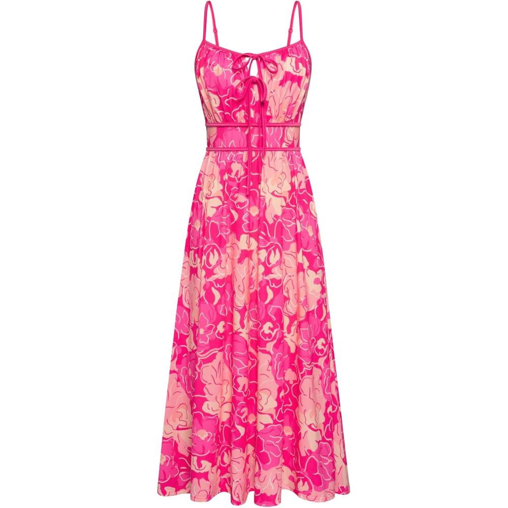 imageGRACE KARIN 2026 Womens Summer Maxi Dresses Tie Front Floral Boho Dress Spaghetti Strap Sundress with PocketsRose Red