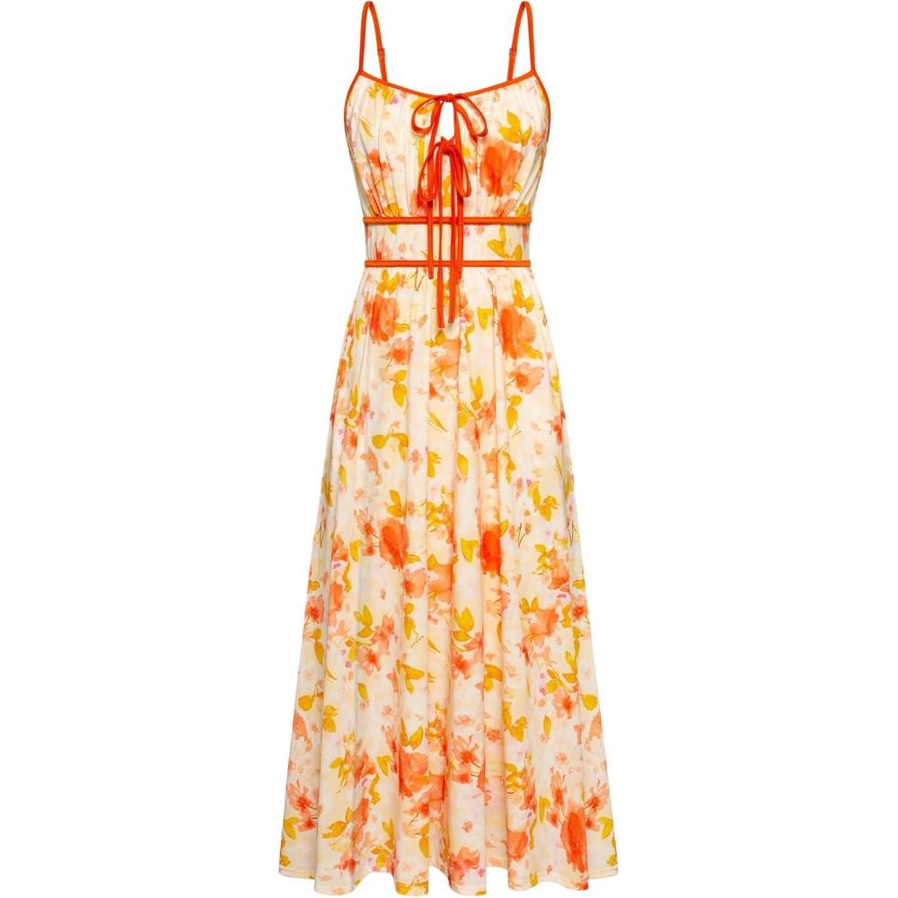 imageGRACE KARIN 2026 Womens Summer Maxi Dresses Tie Front Floral Boho Dress Spaghetti Strap Sundress with PocketsYellow