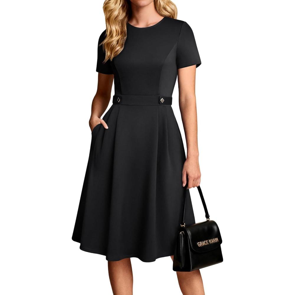 imageGRACE KARIN Church Dresses for Women 2026 Short Sleeve A Line Work Dresses Fit and Flare Dress with PocketsBlack