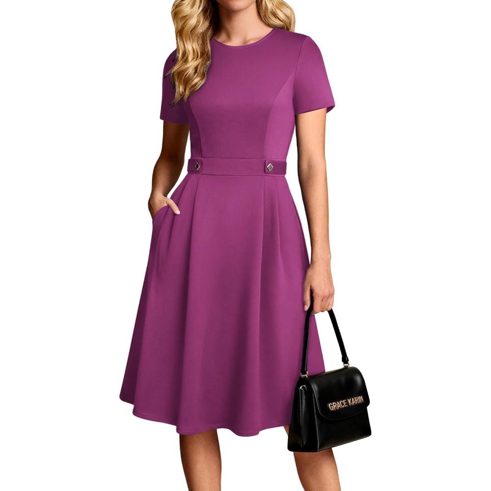 imageGRACE KARIN Church Dresses for Women 2026 Short Sleeve A Line Work Dresses Fit and Flare Dress with PocketsRose Purple