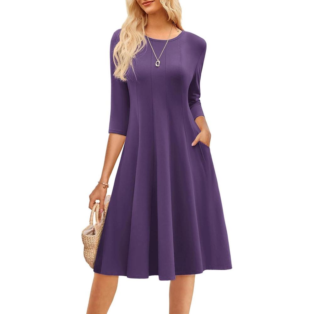 imageGRACE KARIN Fall Dresses for Women 2025 Casual 34 Sleeve Dress A Line Fit and Flare Midi Dress with PocketsPurple