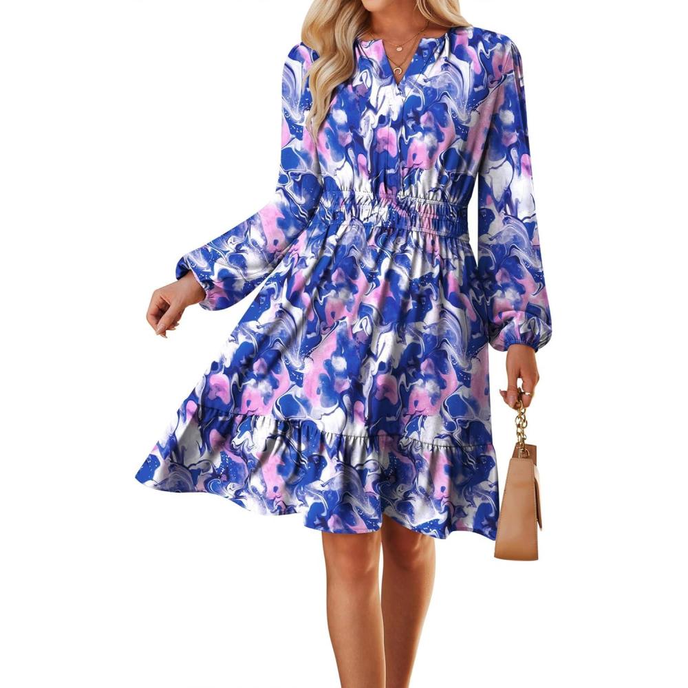 imageGRACE KARIN Fall Dresses for Women 2025Casual Long Sleeve Mini Dress Floral Wedding Guest Dress with PocketsBlue Pink