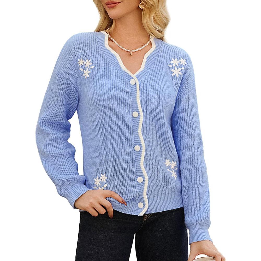 imageGRACE KARIN Flower Sweater Cardigan for Women Button Down Long Sleeve Cardigans Embroidered Open Front JacketBlue