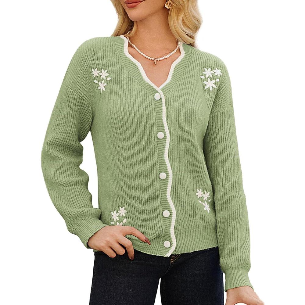 imageGRACE KARIN Flower Sweater Cardigan for Women Button Down Long Sleeve Cardigans Embroidered Open Front JacketGreen