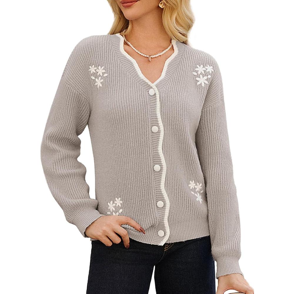 imageGRACE KARIN Flower Sweater Cardigan for Women Button Down Long Sleeve Cardigans Embroidered Open Front JacketLight Khaki