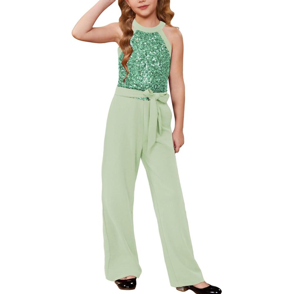 imageGRACE KARIN Girls Jumpsuit Tween Sequin Trendy Party Halter Shinny Dance Formal Romper Bodysuit 612Bean Green