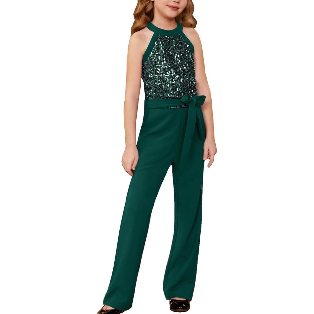 imageGRACE KARIN Girls Jumpsuit Tween Sequin Trendy Party Halter Shinny Dance Formal Romper Bodysuit 612Green