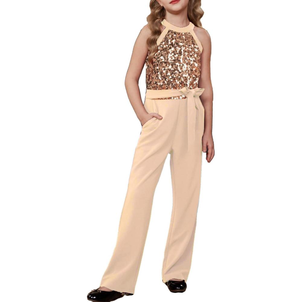 imageGRACE KARIN Girls Jumpsuit Tween Sequin Trendy Party Halter Shinny Dance Formal Romper Bodysuit 612Rose Golden