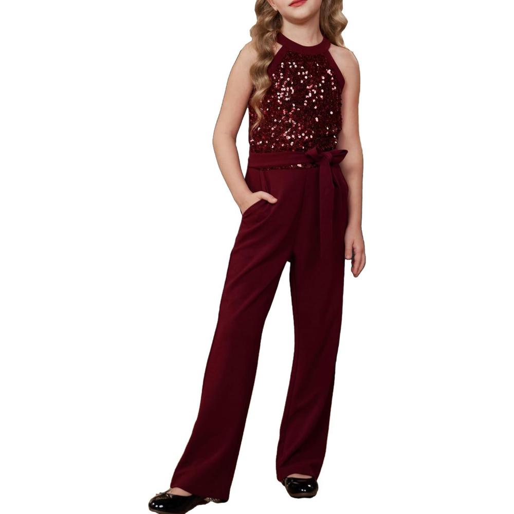 imageGRACE KARIN Girls Jumpsuit Tween Sequin Trendy Party Halter Shinny Dance Formal Romper Bodysuit 612Wine Red