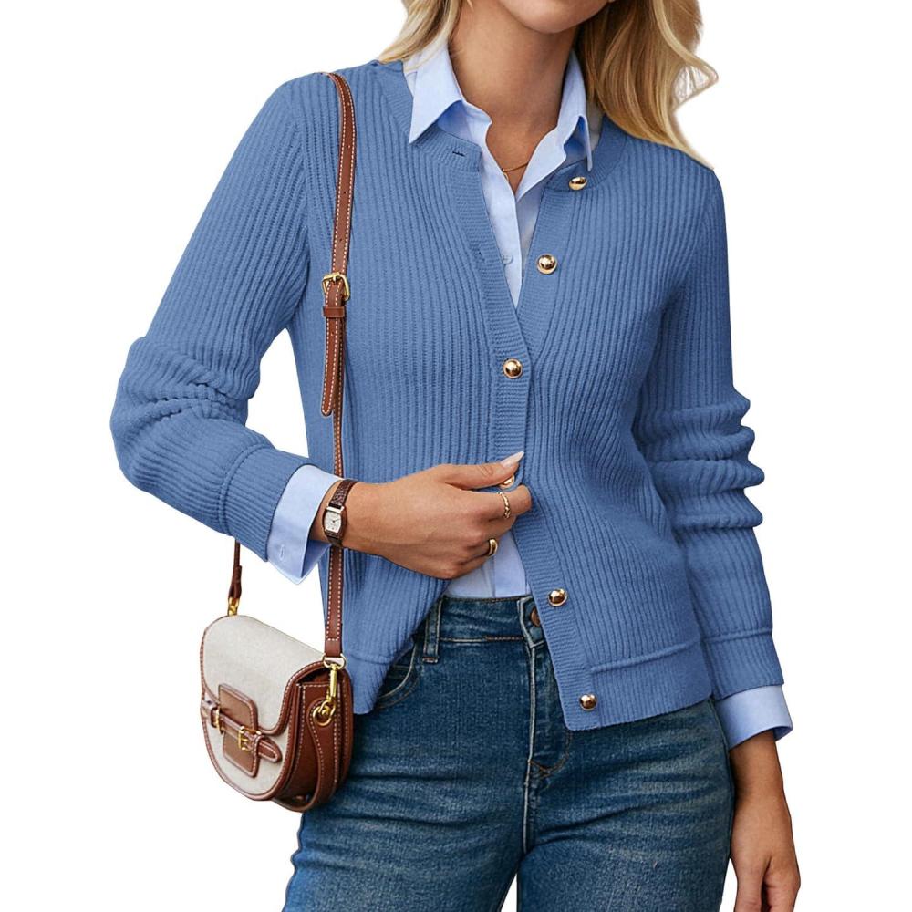 imageGRACE KARIN Knit Cardigan Sweaters for Women Long Sleeve Ribbed Button Up Sweater 2026 Spring Casual JacketBlue