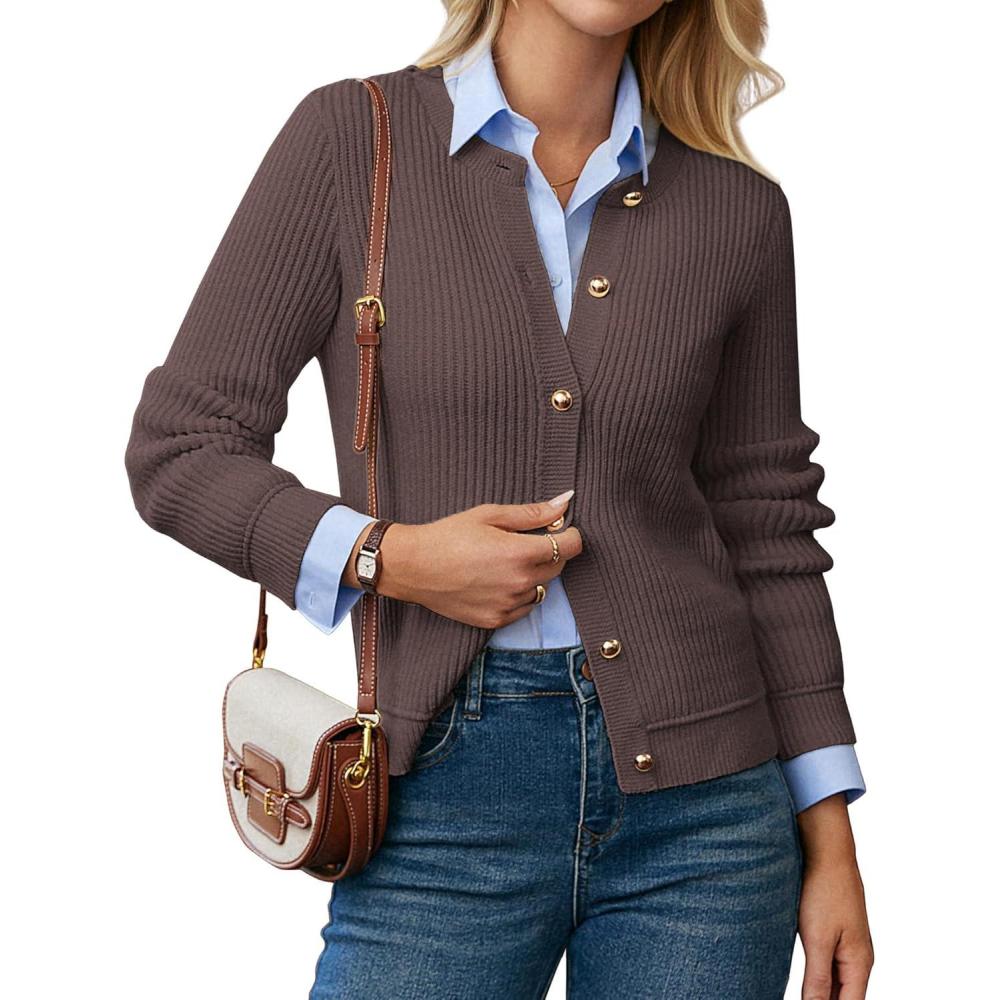 imageGRACE KARIN Knit Cardigan Sweaters for Women Long Sleeve Ribbed Button Up Sweater 2026 Spring Casual JacketCoffee