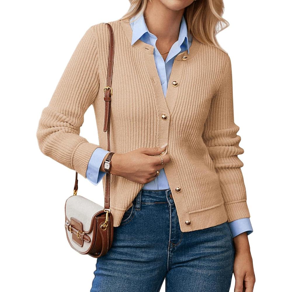 imageGRACE KARIN Knit Cardigan Sweaters for Women Long Sleeve Ribbed Button Up Sweater 2026 Spring Casual JacketKhaki