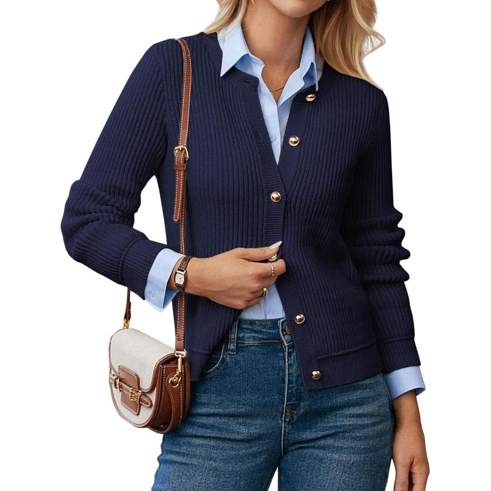 imageGRACE KARIN Knit Cardigan Sweaters for Women Long Sleeve Ribbed Button Up Sweater 2026 Spring Casual JacketNavy Blue