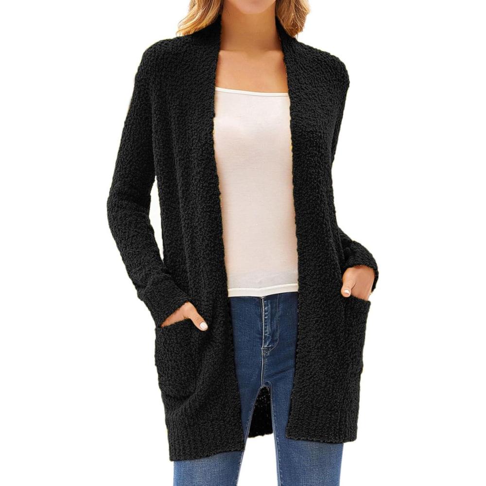 imageGRACE KARIN Long Cardigan Sweaters for Women Open Front Fuzzy Winter Coat Chunky Knit Winter Clothing with PocketsBlack